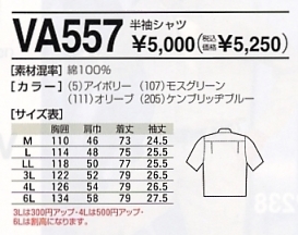 VA557 半袖シャツのサイズ画像