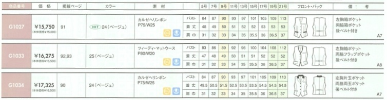 G1027 ベスト(事務服)のサイズ画像