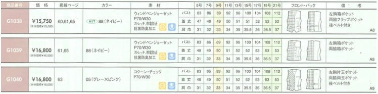 G1040 ベスト(事務服)のサイズ画像