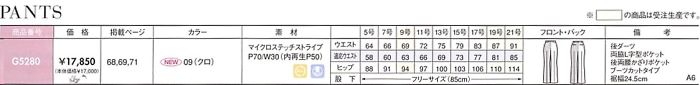 G5280 パンツのサイズ画像