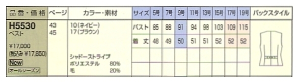 H5530 ベスト(事務服)のサイズ画像